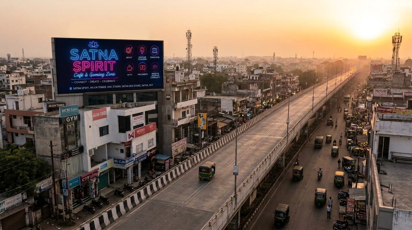 Satna Spirit digital billboard on Arjun Tower, Anil Studio, Satna Bus Stand — overlooking the flyover and city skyline