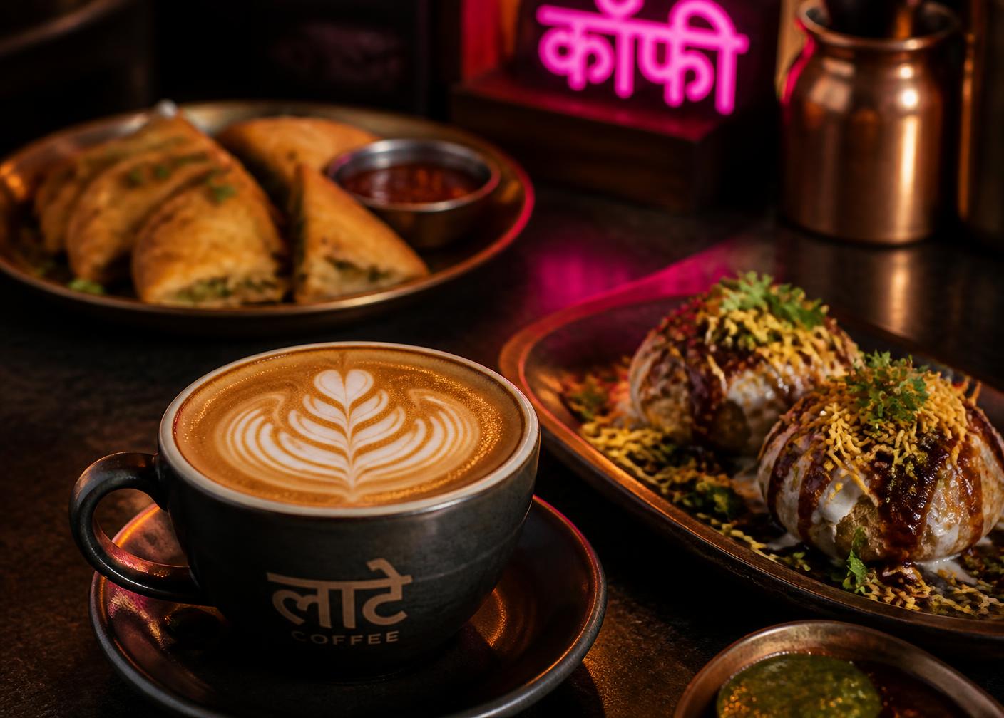 Latte art beside Indian café plates on a dark counter