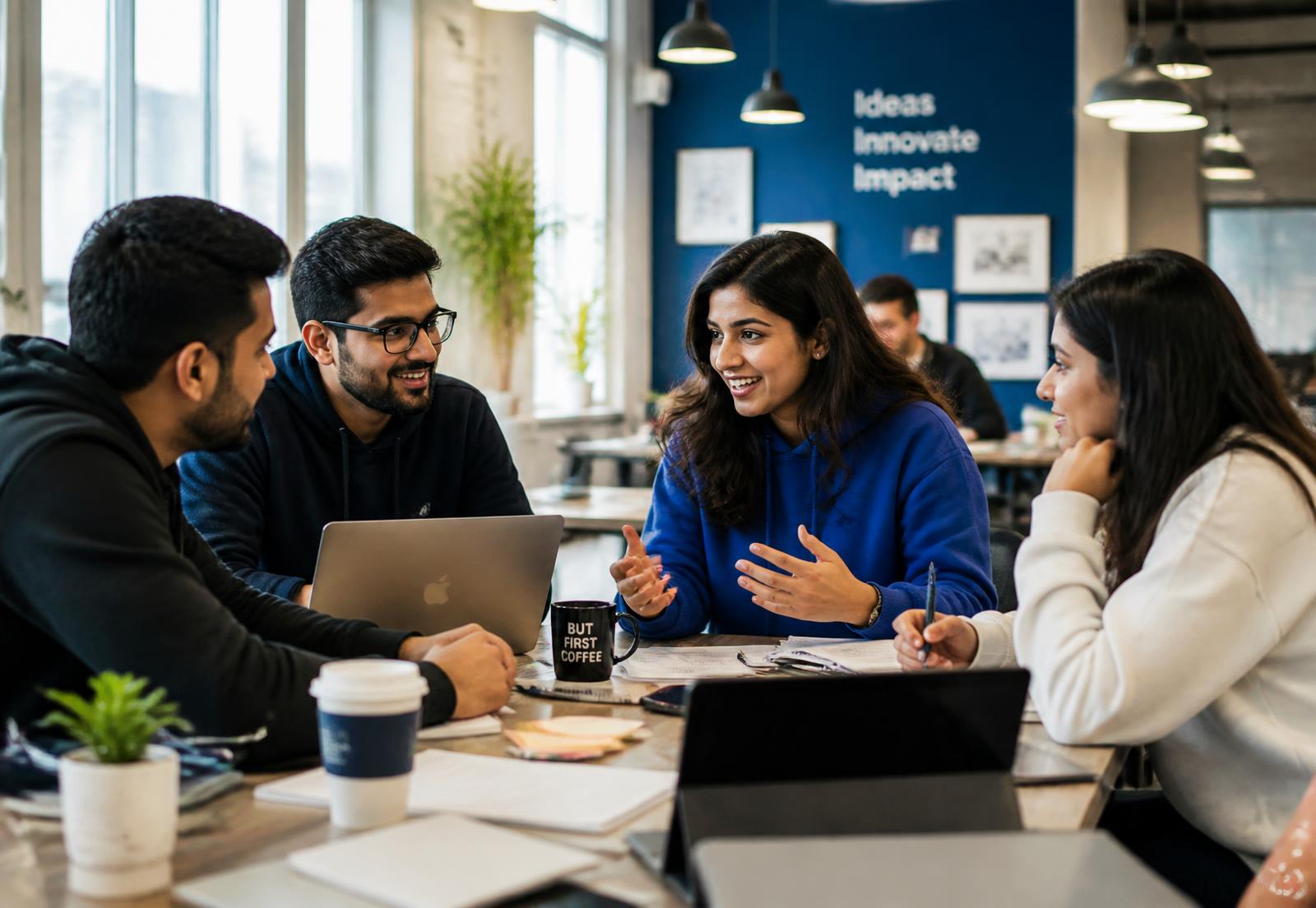 Young Indian founders talking around a table with laptops and coffee